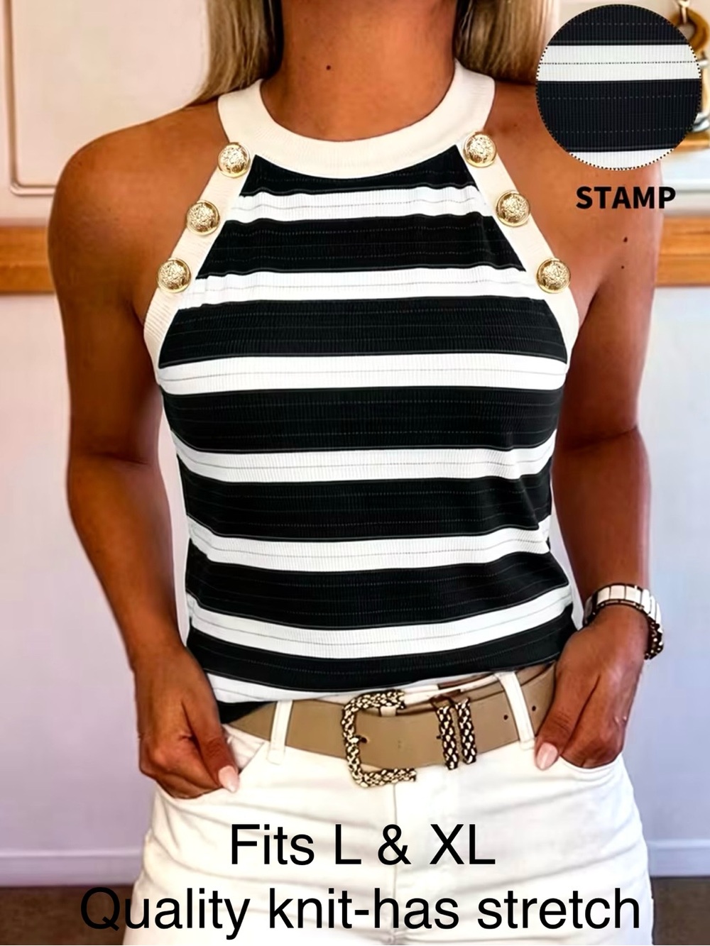 Chicme NWT Top Open Shoulders/HighNeckBlack&White Striped/Gold Buttons-accent